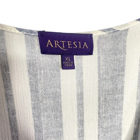 Artesia Boho Blue Stripe Embroidered Short Sleeve V-Neck Flowy Dress Size XL - Picture 3 of 8